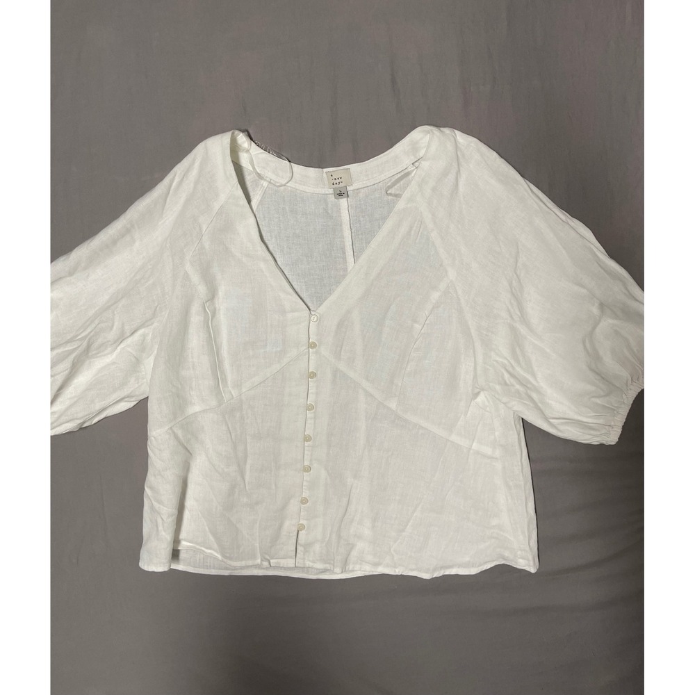 A New Day Womens White Linen Blend Puff Sleeve V-Neck Button Front Blouse Large